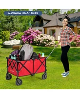 Sugift Outdoor Folding Wagon Cart with Adjustable Handle and Universal Wheels-Red