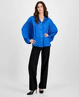 T Tahari Women's Satin Collared Balloon-Sleeve Blouse