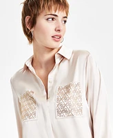 Guess Women's Margurite Bedazzled-Pocket Satin Shirt