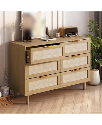 gaomon 6 Drawer Dresser With Natural Rattan Drawers, Tall Rattan Cabinet With Solid Wood Legs, Mid