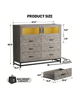 gaomon Dresser For Bedroom With Led Lights And Charging Station, 6 Drawer Double Dresser With 2 Shelves, Wide Modern Wooden Chest Of Drawers For Bedro