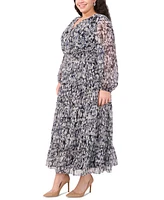 Msk Plus Printed Smocked-Waist Balloon-Sleeve Maxi Dress