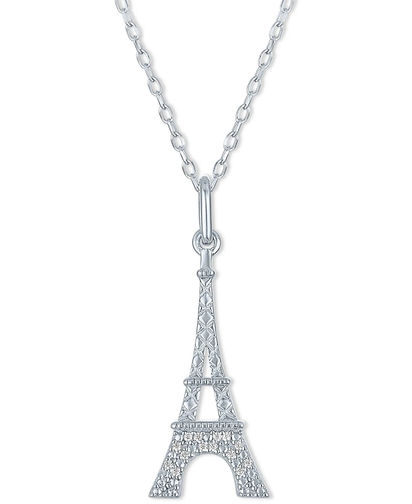 Diamond Accent Eiffel Tower Pendant Necklace in Sterling Silver, 16" + 2" extender