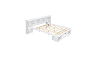 Slickblue Queen Size Wood Platform Bed with Multi-Storage Headboard and Built-In Drawer