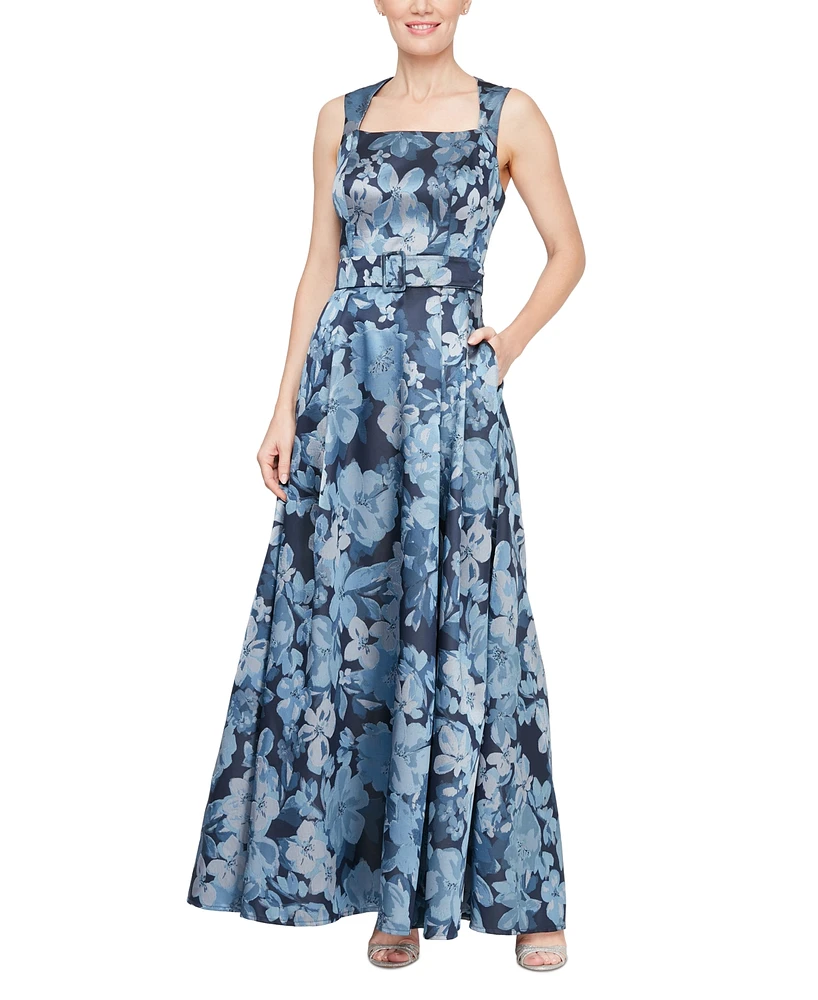 Alex Evenings Women's Floral Jacquard Square-Neck Belted Gown