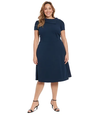 London Times Plus Foldover-Neck Fit & Flare Dress