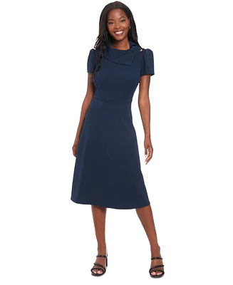 London Times Petite Foldover-Neck Fit & Flare Dress