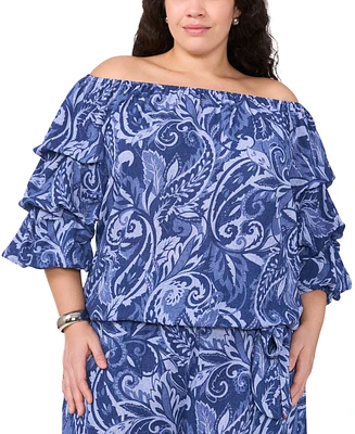 Vince Camuto Women's Printed Off The Shoulder Bubble Sleeve Tie Front Blouse