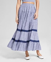 And Now This Women's Striped Pull-On Crochet-Lace Cotton Maxi Skirt, Created for Macy's