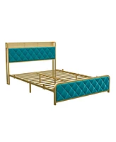 gaomon King Bed Frame,Velvet Upholstered Platform Frame with Diamond Tufted Headboard, No Box Spring Needed