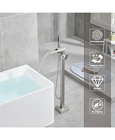 Flynama Single-Handle Free Standing Waterfall Tub Filler Bathroom Tub Faucet with Handheld Shower in Brushed Nickel