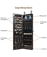 Sugift Wall and Door Mounted Mirrored Jewelry Cabinet with Lights-Brown