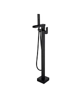 Flynama Single Handle Free Standing Waterfall Tub Filler Bathroom Tub Faucet with Handheld Shower in Matel Black