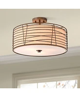 Franklin Iron Works Marlowe 18" Modern Industrial Semi Flush-Mount Ceiling Light Fixture Kitchen Foyer Hallway Drum Round Cage Brown Bronze Finish Met