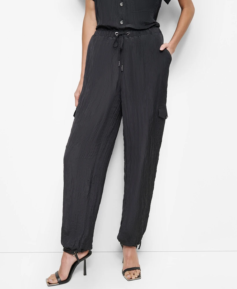 Dkny Women's Tie-Waist High-Rise Crinkle Cargo Joggers