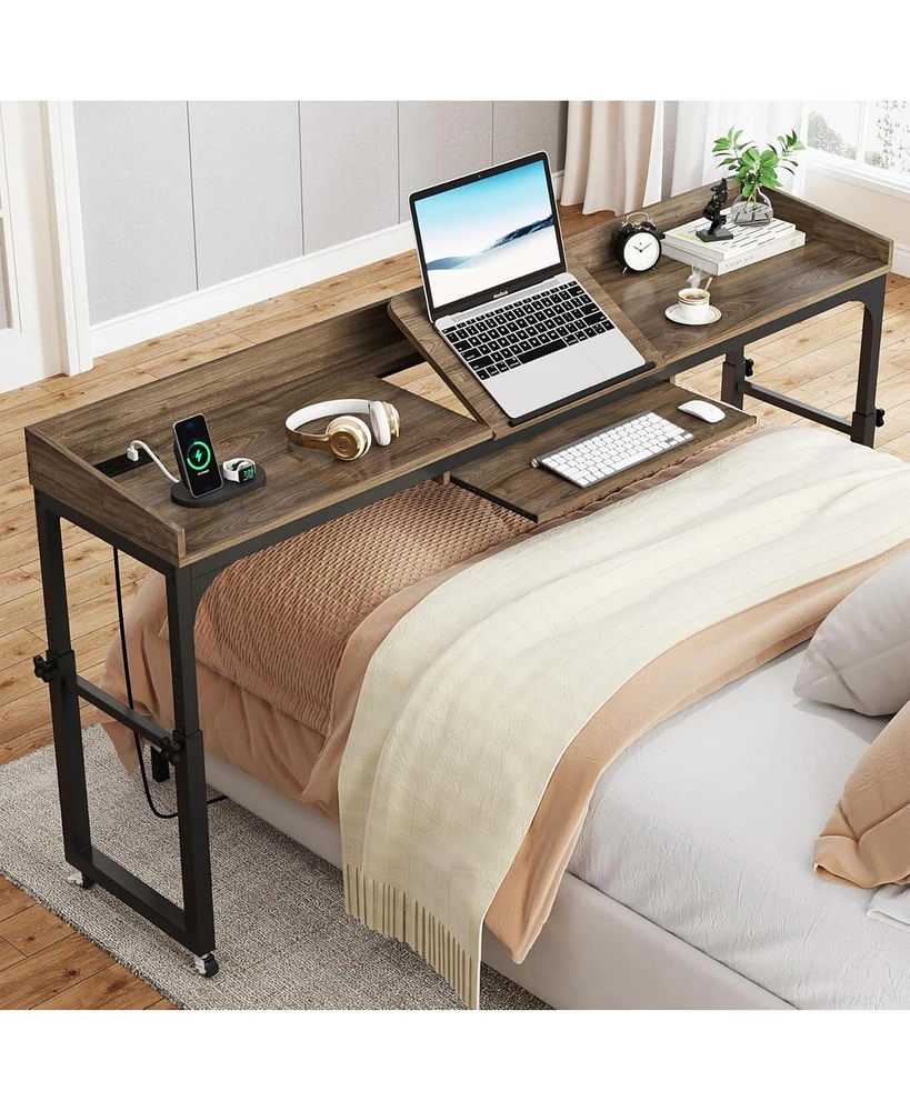 Tribesigns Height Adjustable Overbed Table with Wheels, Queen Size Mobile Over Bed Desk with Adjustable Tilt Stand, Mobile Laptop Cart Computer Desk w