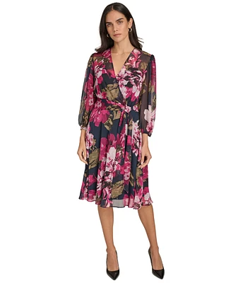 Calvin Klein Women's Printed Surplice-Neck A-Line Faux-Wrap Dress