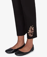 Alfred Dunner Women's Rue Rivoli Embroidered Leaf Flat Elastic Waist Medium Length Ponte Pants