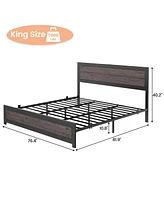 gaomon King Bed Frame with Headboard, Industrial Platform Charging Station