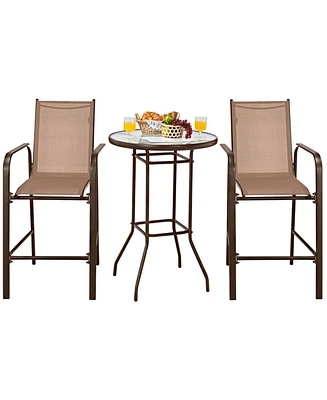 Sugift 3 Pieces Outdoor Patio Bar Table Stool Set-Brown