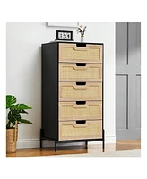 gaomon Modern Rattan 5 Drawers Dresser, Double Dresser For Bedroom, Chest Of Drawers Closet Organizers And Storage Clothes For Bedroom Living Room Hal