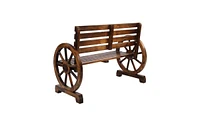 Slickblue Rustic 2-Person Wooden Wagon Wheel Bench – Slatted Seat and Backrest, Brown Finish