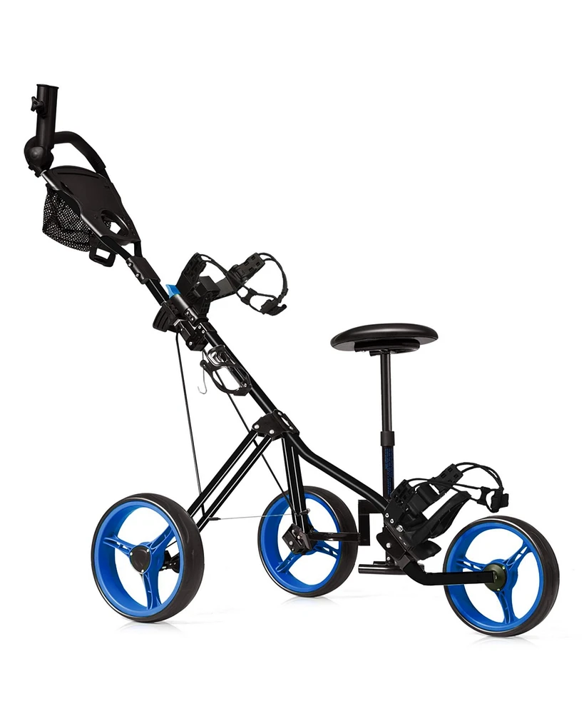 Hongge Foldable 3 Wheels Push Pull Golf Trolley with Scoreboard Bag-Navy