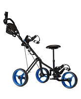 Hongge Foldable 3 Wheels Push Pull Golf Trolley with Scoreboard Bag-Navy