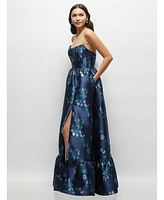 Dessy Collection Women's Navy Rose Damask Strapless Cat-Eye Bodice Maxi Dress with Ruffle Hem