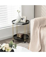 Gymax 2PCS 2-Tier Side End Table Round Nightstand Gold Frame for Living Room