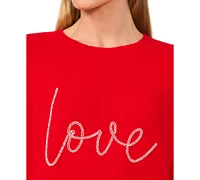 CeCe Women's Valentine Beaded Love Script Crewneck Long-Sleeve Sweater