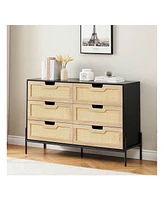 6 Drawers Dresser For Bedroom, Natural Rattan Drawer With Spacious Storage, Wood Chest Of Drawers With Metal Legs For Bedroom, Living Room, Hallway, E