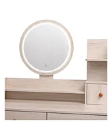 gaomon Stylish Bedroom Vanity Table With Cushioned Stool, Touch Control Led Mirror, 5 Drawers, Multiple Open Shelves