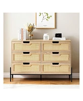 gaomon 6 Drawers Dresser For Bedroom, Natural Rattan Drawer With Spacious Storage, Wood Chest Of Drawers With Metal Legs For Bedroom, Living Room, Hal