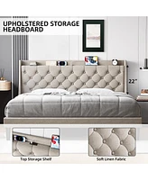 gaomon King Bed Frame with Upholstered Wingback Headboard, Luxurious Linen Upholstery Platform Charging Station