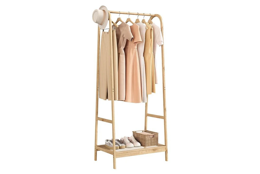 gaomon Bamboo Freestanding Clothes Rack with Storage Shelf and Hanging Rod, Portable and Space