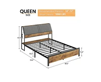gaomon Queen Size Bed Frame with Ergonomic Headboard and Charging Station, Upholstered Platform Bed, Metal Frame with Storage, No Box Spring Needed, E