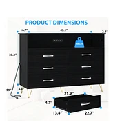 gaomon Dresser For Bedroom With Led Light & Charging Station, 6 Wooden Drawers Dressers With 2