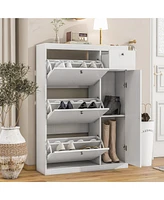 Slickblue White Tipping Bucket Shoe Cabinet - Narrow Entryway Storage Organizer with 3 Flip Drawers & Adjustable Shelf, Modern Slim Hidden Design