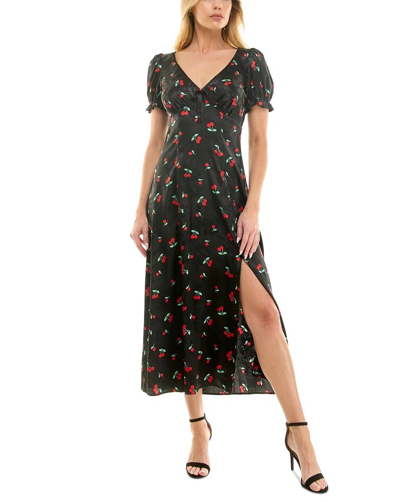 Crystal Doll Juniors' Cherry Print Puff-Sleeve Midi Dress