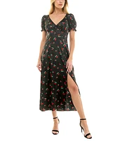 Crystal Doll Juniors' Cherry Print Puff-Sleeve Midi Dress