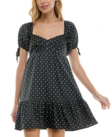 Crystal Doll Juniors' Dot Print Puff-Sleeve A-Line Dress