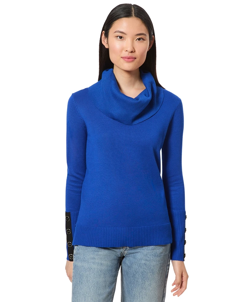 Melissa Paige Petite Contrast-Cuff Cowlneck Sweater