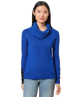 Melissa Paige Petite Contrast-Cuff Cowlneck Sweater