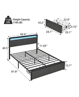 gaomon Queen Size Bed Frame with Led Lights Headboard, Upholstered Bed with Headboard and 2 Storage Drawers