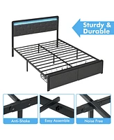 gaomon Queen Size Bed Frame with Led Lights Headboard, Upholstered Bed with Headboard and 2 Storage Drawers