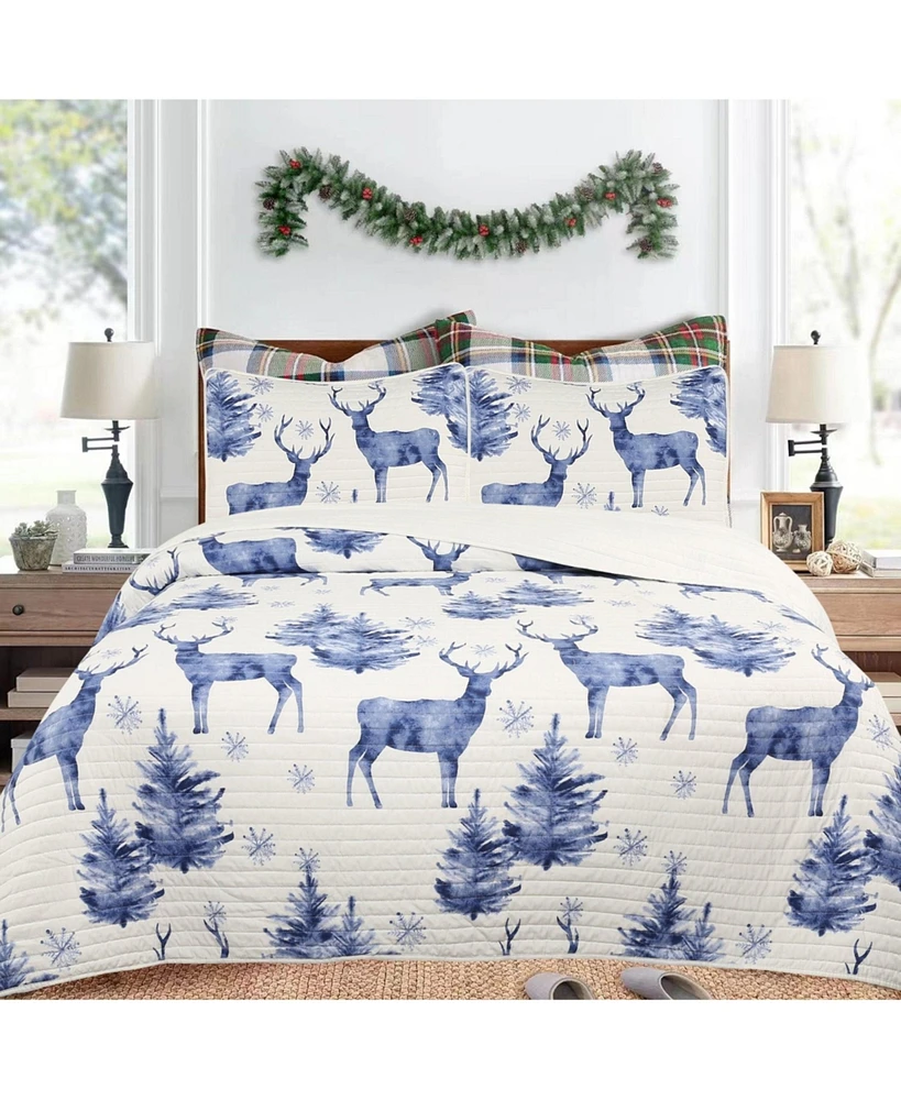 MarCielo 3 Pcs Christmas Quilt Bedspread Set Holiday Bedding Deer Queen