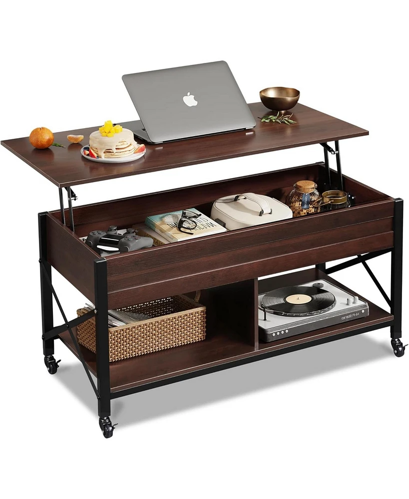 Wlive Lift Top Coffee Table for Living Room, Coffee Table with Storage, Hidden Compartment and Metal Frame, Central Table with 4 Casters for Reception