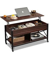 Wlive Lift Top Coffee Table for Living Room, Coffee Table with Storage, Hidden Compartment and Metal Frame, Central Table with 4 Casters for Reception