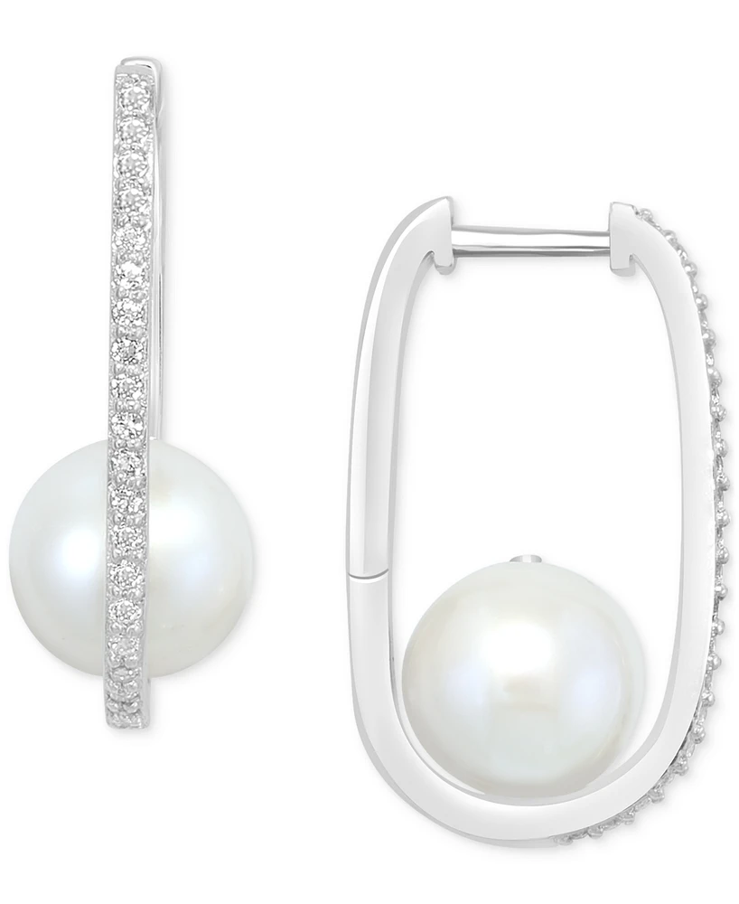 Effy Cultured Freshwater Pearl (8mm) & White Topaz (1/5 ct. t.w.) Oval Small Hoop Earrings in Sterling Silver